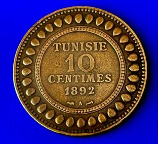 Escasa moneda Túnez 1892-10 céntimos (MBC++)!!