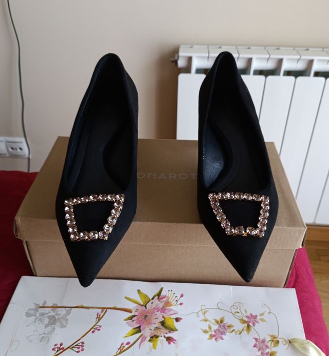 Elegante Stiletto negro joya de ante nuevo #38 tac