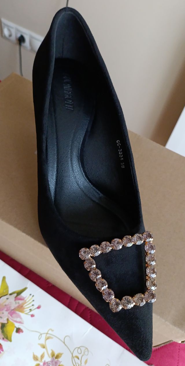 Elegante Stiletto negro joya de ante nuevo #38 tac