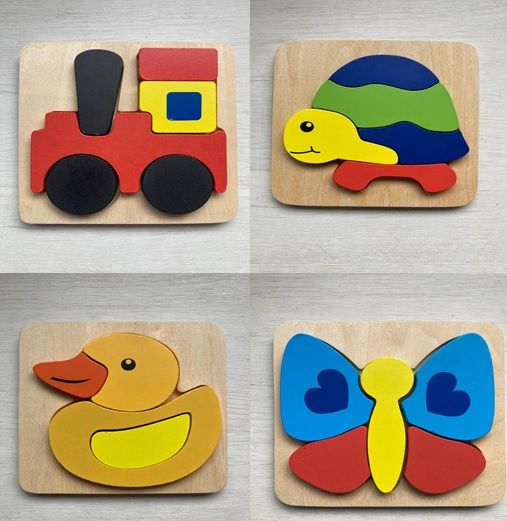 4 puzzles de madera (Tren, Tortuga, Pato, Mariposa