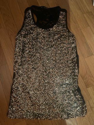 Canotta paillettes oro, pizzo dietro nero