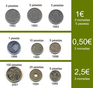 Lote Monedas 1, 5, 10, 25, 100 pesetas. 1 EURO