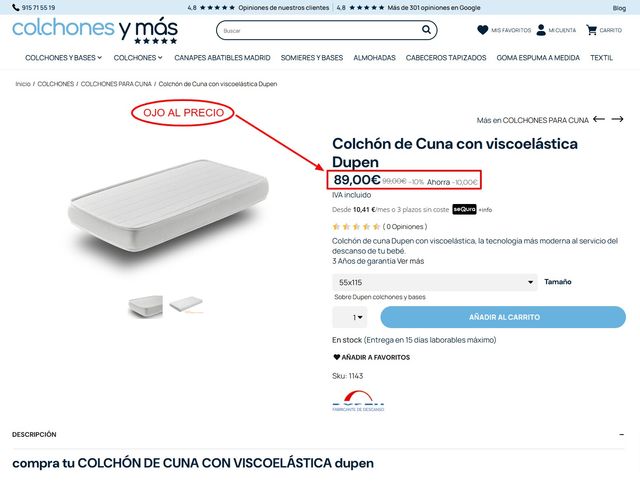 ❤️COLCHON DE CUNA DE VISCOELASTICA DUPEN DE 55X115