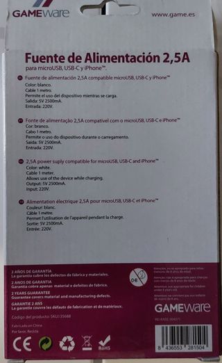 🔋 Cargador 2,5A + cable microUSB/USB-C/iPhone