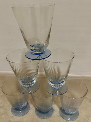 6 calici blu cristallo soffiato bocca