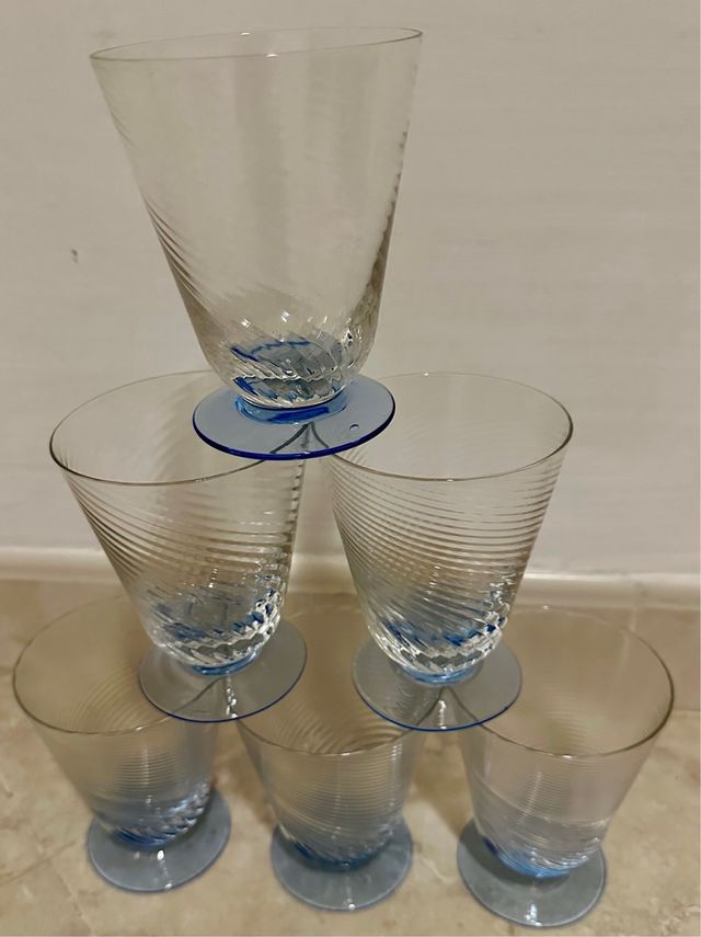 6 calici blu cristallo soffiato bocca