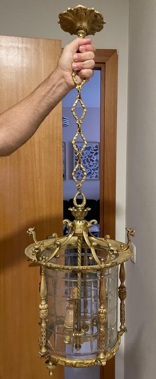 Antiguo farol de bronce y cristal (lámpara)