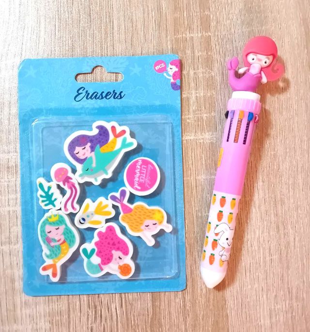 Pack Bolígrafo 10 colores y 8 Gomas Sirenas