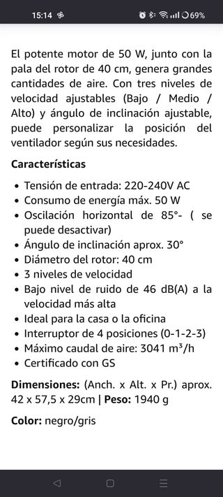 Ventilador de sobremesa 42cm