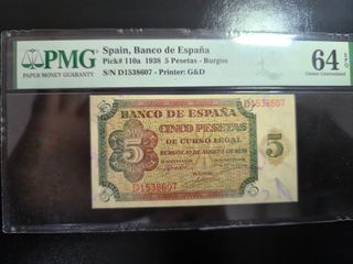 Billete 5 Pesetas 1938 PMG 64 EPQ