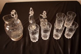 Lote Jarra Y Vasos tallados con plata de ley