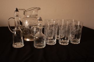 Lote Jarra Y Vasos tallados con plata de ley