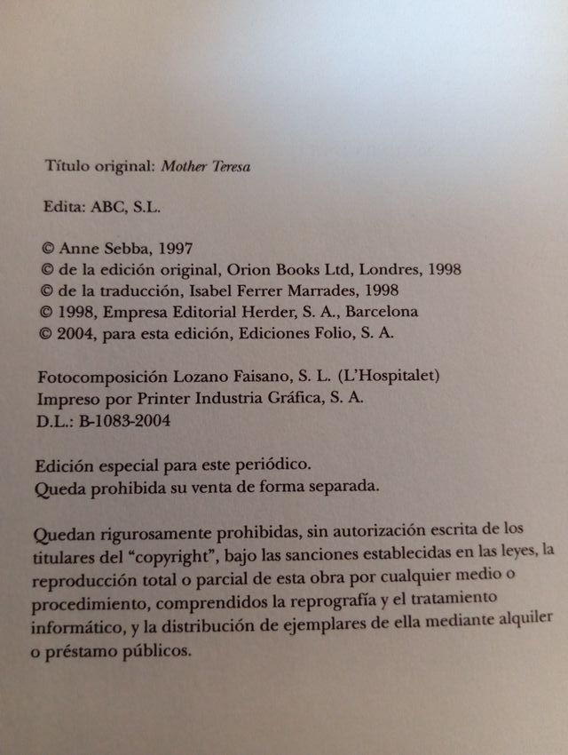 TERESA DE CALCUTA de ANNE SEBBA