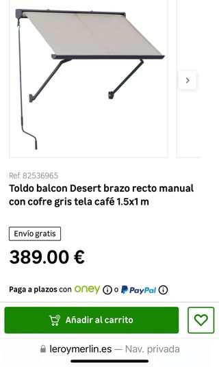 Toldo brazo recto manual con cofre.