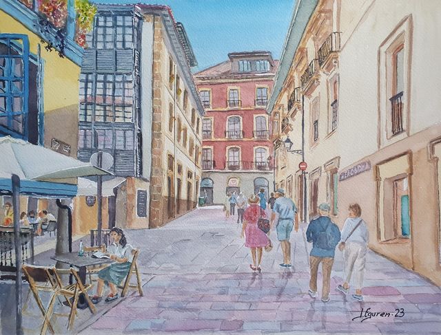 Cuadro Oviedo acuarela 30x40 enmarcado en blanc