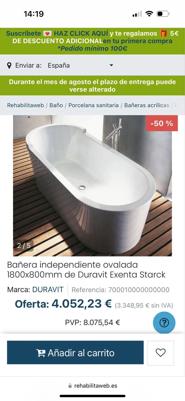 Bañera 1800x800mm de Duravit Exenta Starck