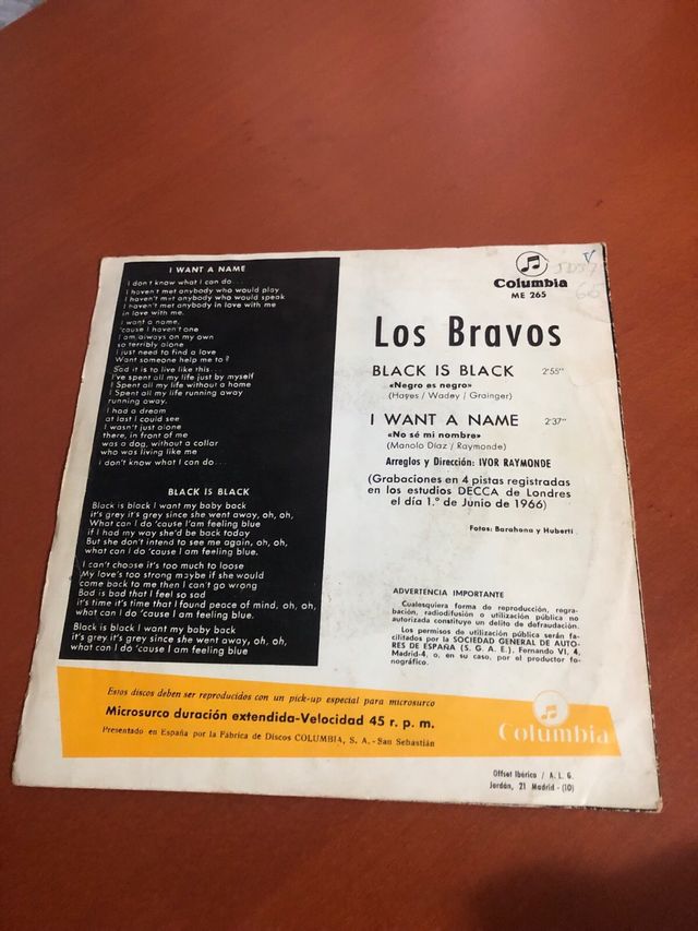 Disco vinilo pequeño LOS BRAVOS