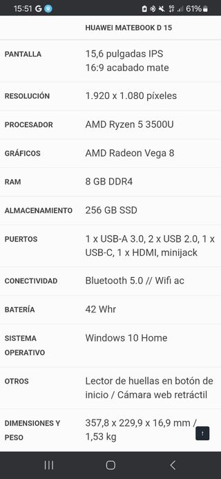 Portátil huawei matebook D15