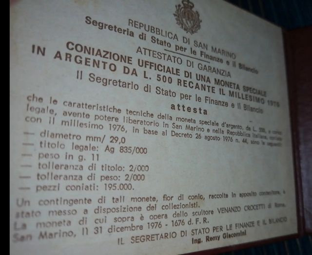 Moneta 500 lire argento san marino