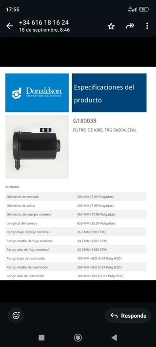 Filtro aire DONALDSON g180038