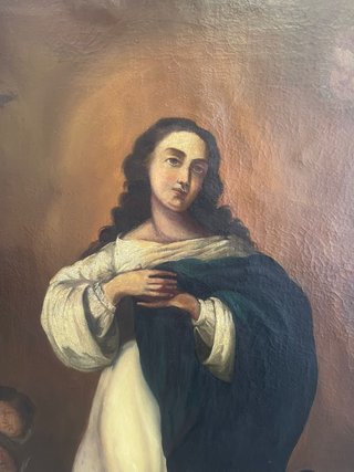 Virgen Inmaculada con querubines sobre óleo