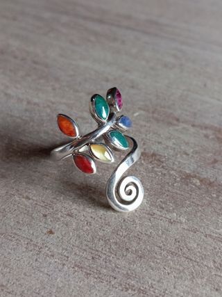 Anillo de plata950 ajustable hojitas arcoiris