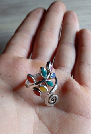 Anillo de plata950 ajustable hojitas arcoiris