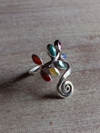 Anillo de plata950 ajustable hojitas arcoiris