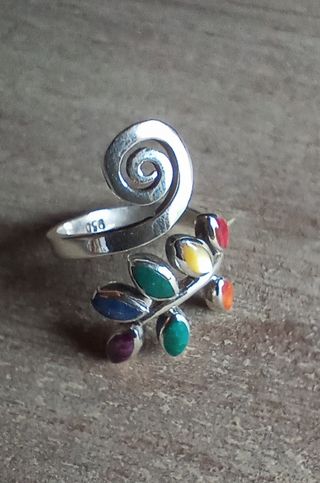Anillo de plata950 ajustable hojitas arcoiris