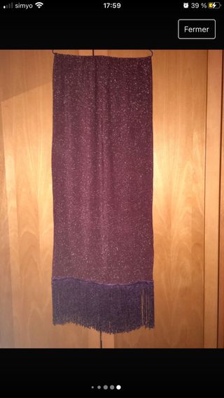 Vestido fiesta berenjena brillante y flecos