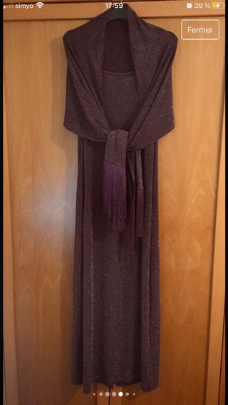 Vestido fiesta berenjena brillante y flecos