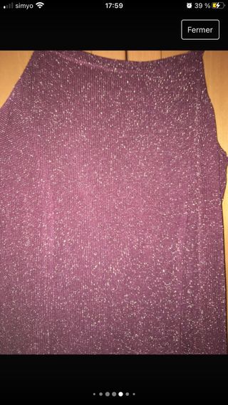 Vestido fiesta berenjena brillante y flecos