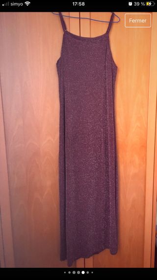 Vestido fiesta berenjena brillante y flecos