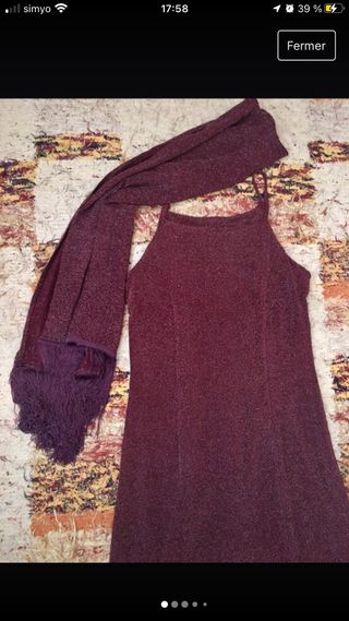 Vestido fiesta berenjena brillante y flecos