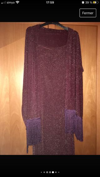 Vestido fiesta berenjena brillante y flecos