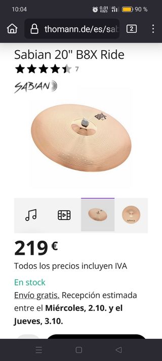Ride Sabian B8PRO 20" Platillo Batería