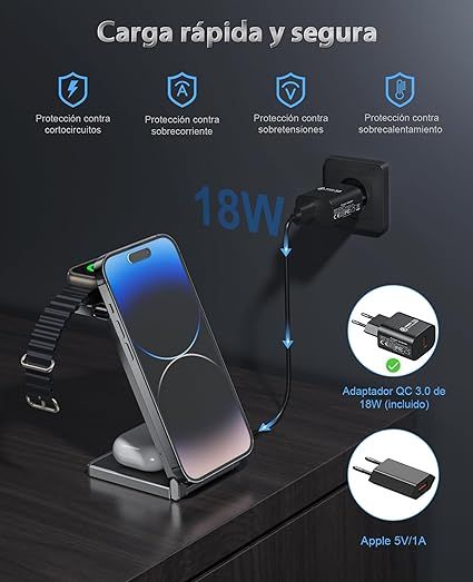 Cargador inalámbrico móvil, reloj y auriculares