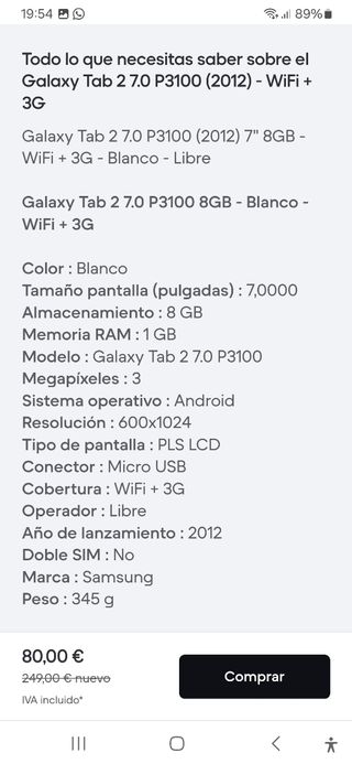 Tablet Samsung Tab2 7.0 Blanca