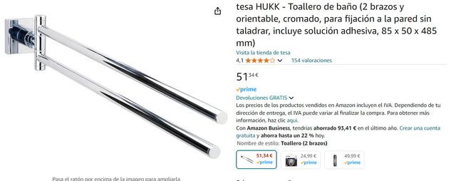 Toallero de baño Tesa, 2 brazos, sin taladrar.