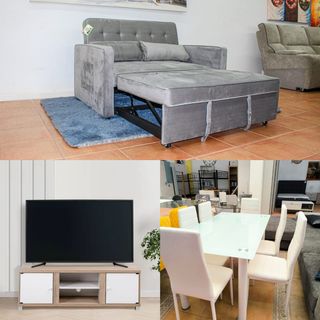 SOFACAMA+MESADECRISTAL+4 SILLAS+ MODULO DE TV BAJO