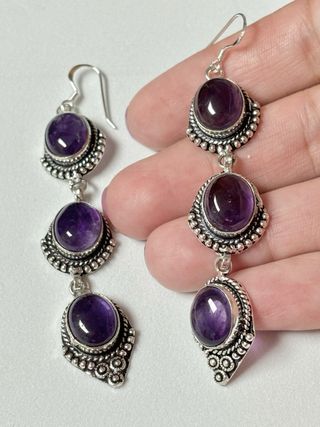 Pendientes triples de amatistas y plata de ley 925