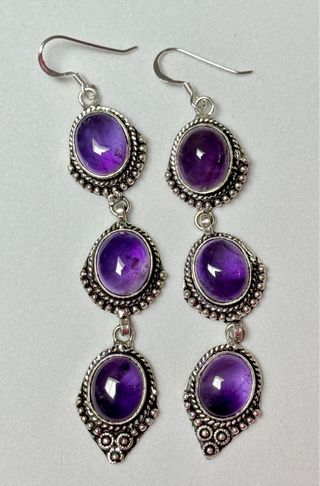 Pendientes triples de amatistas y plata de ley 925