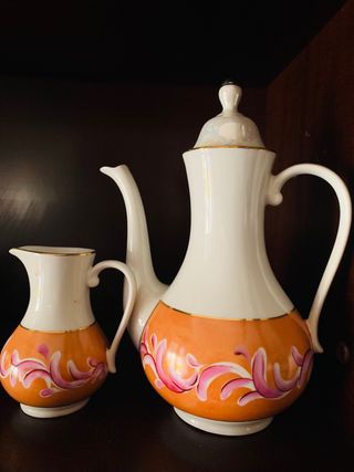 CAFETERA Y LECHERA VINTAGE NARANJA