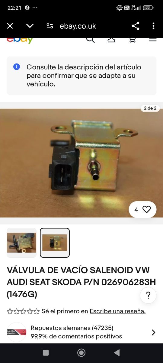 Válvula de vacío selenoi Audi seat Skoda