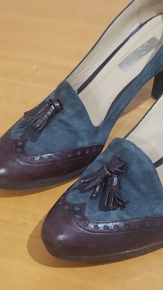 Zapato piel y ante marrón y azul verdoso