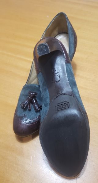 Zapato piel y ante marrón y azul verdoso