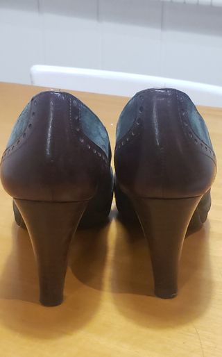 Zapato piel y ante marrón y azul verdoso