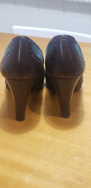 Zapato piel y ante marrón y azul verdoso