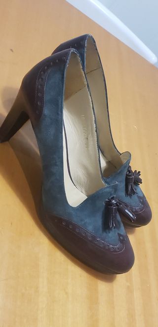 Zapato piel y ante marrón y azul verdoso