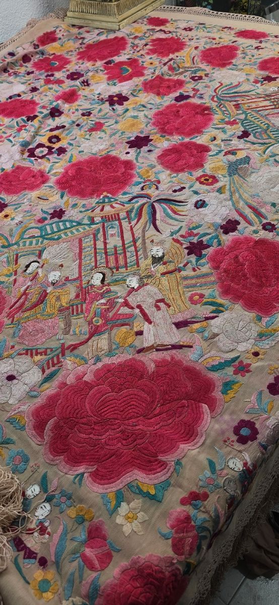 Manton de Manila antiguo cantones rosa